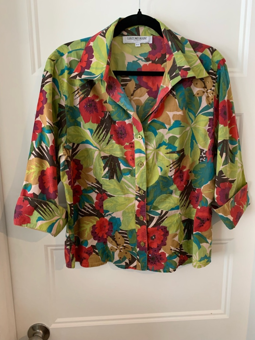 Contemporaine Petites , Vintage women's Floral Button-Front blouse size L